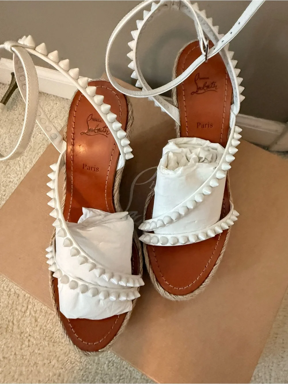 Christian Louboutin Mafaldina Zeppa 120 White Spiked Espadrille Wedges 39
